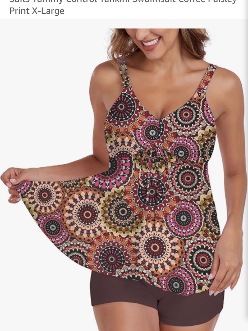 Paisley Print Tankini with Boy Shorts for Women - Pink Brown Multi